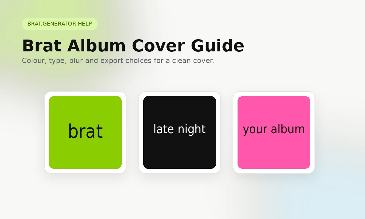 Three Brat-inspired album cover examples in green, black, and pink