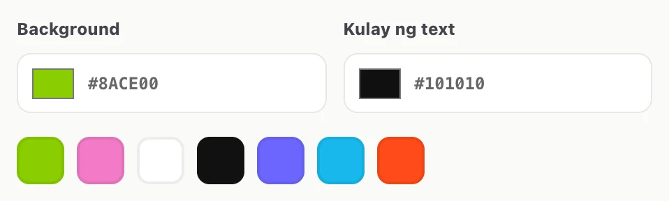 Background na #8ACE00 at Kulay ng text na #101010 na may pitong color swatch sa ibaba