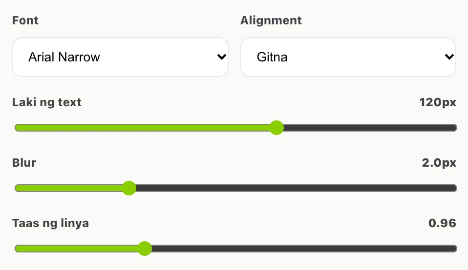 Font na Arial Narrow, Alignment Gitna, Laki ng text 120px, Blur 2.0px at Taas ng linya 0.96