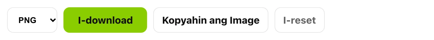 Export row na may PNG format menu, I-download, Kopyahin ang Image at I-reset