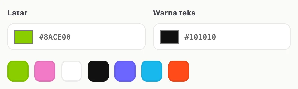 Latar #8ACE00 dan Warna teks #101010 dengan tujuh swatch warna di bawahnya