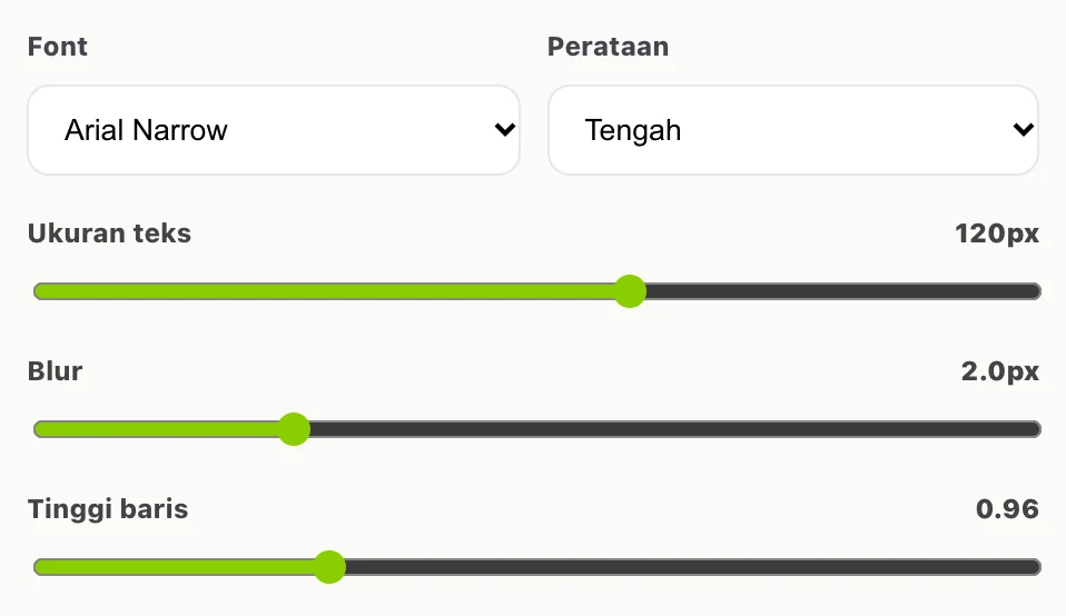 Font Arial Narrow, Perataan Tengah, Ukuran teks 120px, Blur 2.0px, dan Tinggi baris 0.96
