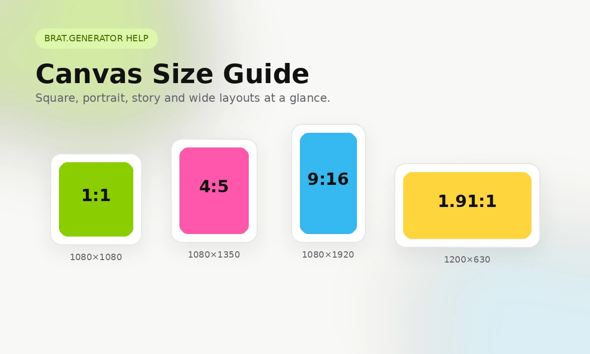 Square, portrait, story, and wide Brat canvas size examples