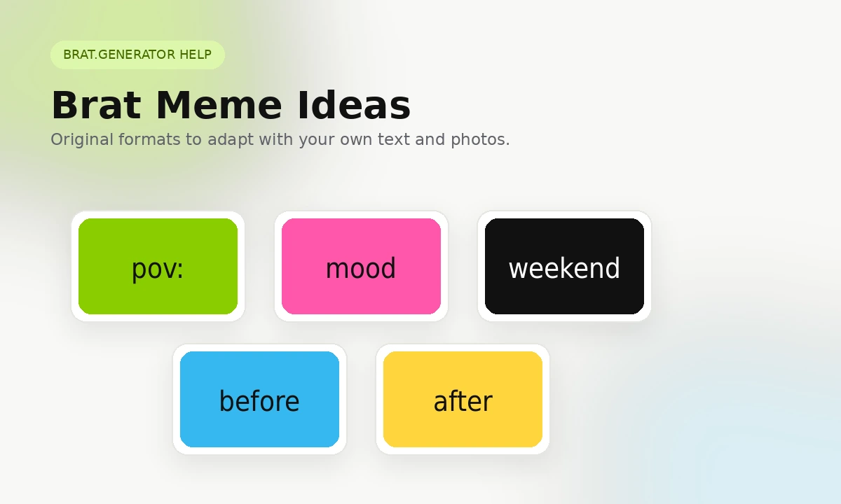 Grid of colourful Brat-style meme idea cards