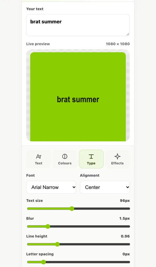 Tutorial image ng Brat Font Generator: pumili ng kulay, blur at background