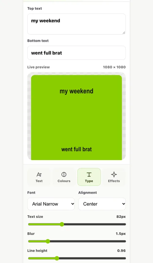 Gambar tutorial Brat Meme Generator: atur teks dan efek