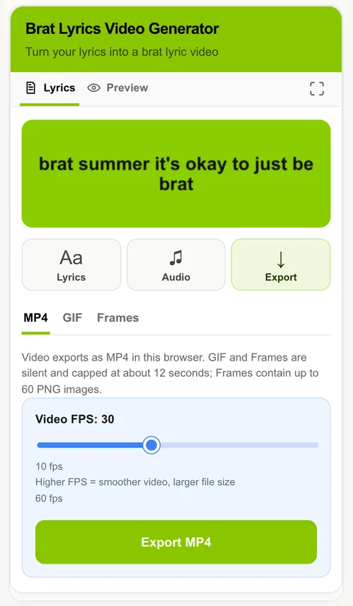 Brat Lyrics Video Generator: langkah memilih FPS dan format
